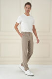 P 1174 Comfort Fit Gofre Dokulu Beli Lastikli Pileli Bej Jogger Pantolon