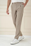 P 1174 Comfort Fit Gofre Dokulu Beli Lastikli Pileli Bej Jogger Pantolon