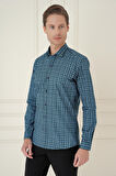 G 1585 Slim Fit Kazayağı Desenli %100 Pamuk Casuel Mavi Gömlek