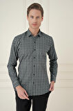 Slim Fit Kazayağı Desenli %100 Pamuk Casual Gri Gömlek G 1585