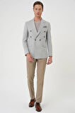 C 704 Slim Fit Çift Yırtmaç Çizgili Kruvaze Casual Gri Ceket