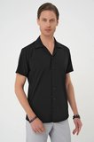 G 1589 Slim Fit Apaş Yaka Kısa Kol Esnek Casuel Siyah Gömlek 