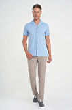 Slim Fit Apaş Yaka Modal Karışımlı Kısa Kol Mavi Gömlek G 1590