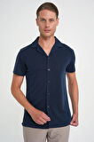Slim Fit Apaş Yaka Modal Karışımlı Kısa Kol Lacivert Gömlek G 1590
