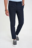 Comfort Fit Beli Lastikli Tek Pileli Dokulu Lacivert Pantolon P 1193