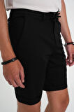 Comfort Fit Bağcıklı ve Lastikli Bel Esnek Pamuk Casuel Siyah Şort Bermuda 036 