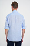 Comfort Fit Düğme Yaka Katlanır Kol %100 Keten Düz Mavi Gömlek G 1595