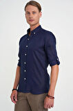 Comfort Fit Düğme Yaka Katlanır Kol %100 Keten Düz Lacivert Gömlek G 1595