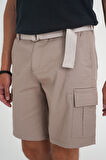Comfort Fit Beli Kemerli Kargo Cep Pamuk Casuel Bej Şort Bermuda 039 