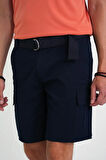 Comfort Fit Beli Kemerli Kargo Cep Pamuk Casuel Lacivert Şort Bermuda 039 