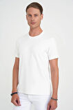 Comfort Fit Bisiklet Yaka Nakışlı Kısa Kol Ekru Pamuk Tişört Ts 910