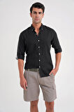 Comfort Fit Düğme Yaka Katlanır Kol %100 Keten Düz Siyah Gömlek G 1595
