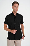 Comfort Fit Düğme Yaka Kısa Kol %100 Keten Düz Siyah Gömlek G 1595