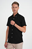 Comfort Fit Düğme Yaka Kısa Kol %100 Keten Düz Siyah Gömlek G 1595