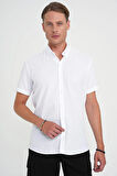 Comfort Fit Düğme Yaka Kısa Kol %100 Keten Düz Beyaz Gömlek G 1595