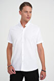 Comfort Fit Düğme Yaka Kısa Kol %100 Keten Düz Beyaz Gömlek G 1595