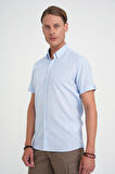 Comfort Fit Düğme Yaka Kısa Kol %100 Keten Düz Mavi Gömlek G 1595