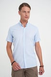 Comfort Fit Düğme Yaka Kısa Kol %100 Keten Düz Mavi Gömlek G 1595