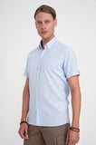 Comfort Fit Düğme Yaka Kısa Kol %100 Keten Düz Mavi Gömlek G 1595