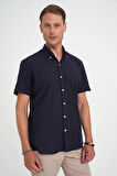 Comfort Fit Düğme Yaka Kısa Kol %100 Keten Düz Lacivert Gömlek G 1595