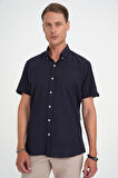 Comfort Fit Düğme Yaka Kısa Kol %100 Keten Düz Lacivert Gömlek G 1595