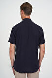 Comfort Fit Düğme Yaka Kısa Kol %100 Keten Düz Lacivert Gömlek G 1595