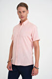 Comfort Fit Düğme Yaka Kısa Kol %100 Keten Düz Somon Gömlek G 1595