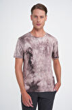 Comfort Fit Bisiklet Yaka Batik Desen Kısa Kol Bej Tişört Ts 914