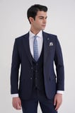 Slim Fit Çift Yırtmaç Ekoseli Esnek Yünlü Yelekli Klasik Lacivert Takım Elbise TK 934