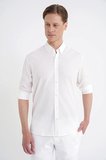 Comfort Fit Katlanır Kol Düğme Yaka %100 Pamuk Ekru Çizgili Gömlek G 1600