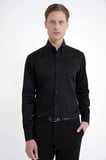 Slim Fit Düğmeli Yüksek Yaka %100 Pamuk Saten Düz Siyah Gömlek GK 760