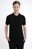 Comfort Fit Kolu Ribanalı %100 Pamuk Düğmeli Siyah Polo Yaka Tişört TS 922