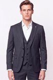 Slim Fit Çift Yırtmaç %97 Yünlü Doku Desenli Esnek Antrasit Yelekli Takım Elbise TK 927