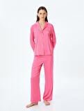 Gömlek Yaka Uzun Kollu Düğmeli Saten Pijama Takımı
