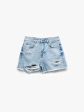 Taşlı Yıpratılmış Düğmeli Cepli Mini Denim Şort