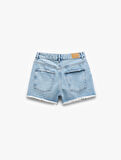 Taşlı Yıpratılmış Düğmeli Cepli Mini Denim Şort