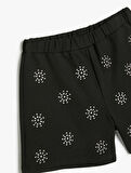 Beli Lastikli Taş Detaylı Kar Desenli Şort 