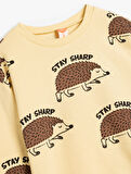 Sweatshirt Uzun Kollu Bisiklet Yaka Kirpi Baskılı Şardonlu Pamuklu