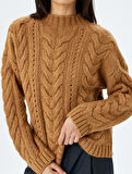 Yumuşak Dokulu Uzun Kollu Hafif Dik Yaka Saç Örgü Kazak