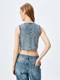 Taşlı Kot Yelek Crop Kolsuz V Yaka Düğmeli