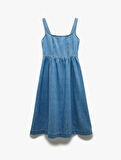 Pamuklu Kalın Askılı Fermuarlı Kare Yaka Denim Midi Elbise
