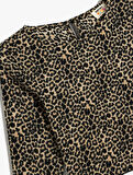 Leopar Desenli Bluz Uzun Kollu Bisiklet Yaka 