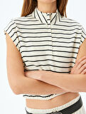 Yarım Fermuarlı Dik Yaka Kolsuz Crop Çizgili Sweatshirt 