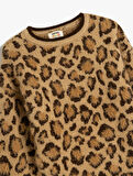  Uzun Kollu Bisiklet Yaka Leopar Desenli Triko Kazak