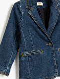 Pamuklu Uzun Kollu Cep Detaylı Kruvaze Yaka Denim Ceket