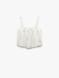 Pamuklu-Keten Karışımlı Askılı Çiçek İşlemeli Crop Pijama Üstü