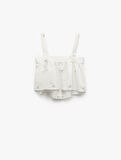Pamuklu-Keten Karışımlı Askılı Çiçek İşlemeli Crop Pijama Üstü