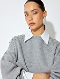 Uzun Kollu Bisiklet Yaka Taşlı Oversize Sweatshirt 