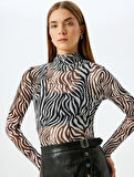 Slim Fit Uzun Kollu Dik Yaka Zebra Desenli Tül Transparan Tişört 