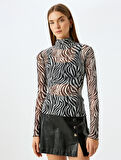 Slim Fit Uzun Kollu Dik Yaka Zebra Desenli Tül Transparan Tişört 
